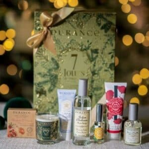 calendrier de l'après durance contenant 7 jours parfumés avec des bougie, parfum, savon..
