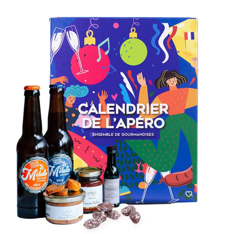 calendrier de l'avent apéro 2024 avec des produits artisanaux saucissons, terrines, bières,