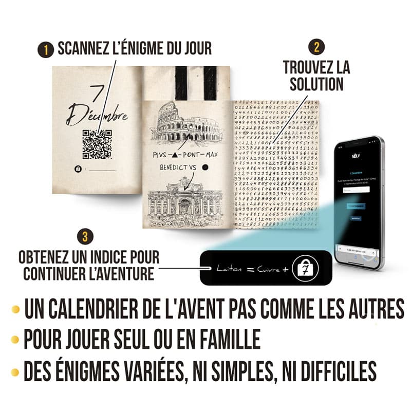 calendrier de l'avent escape game 2024 présenté sous forme de livre contenant 24 enigmes et casse tete pour adulte