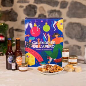 calendrier de l'avent apéro 2024 avec des produits artisanaux saucissons, terrines, bières,