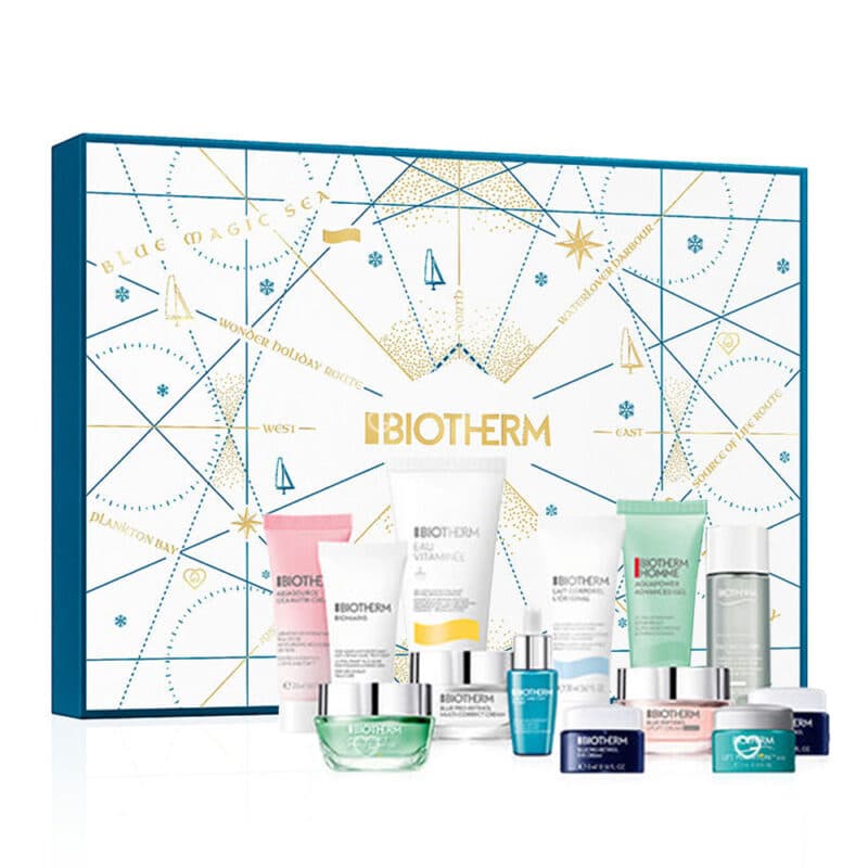 coffret beauté bleu calendrier de l'avent Biotherm 2024 contenant produits soins visage et corps