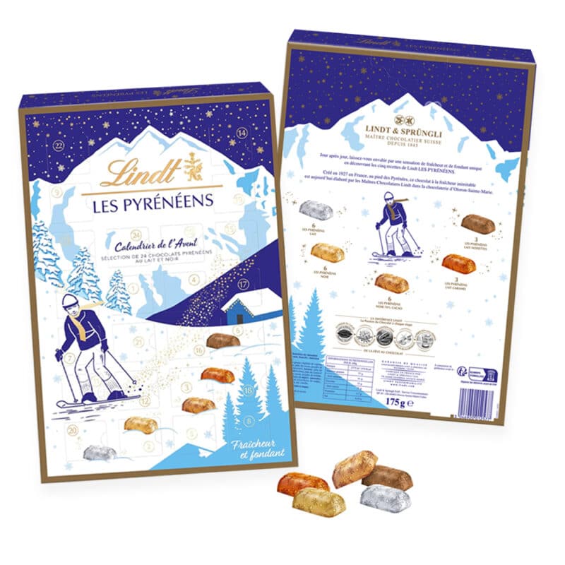 Calendrier de l'avent Les Pyréréens 2024 contenant 24 chocolats Recette Lindt au lait, noir, caramel..