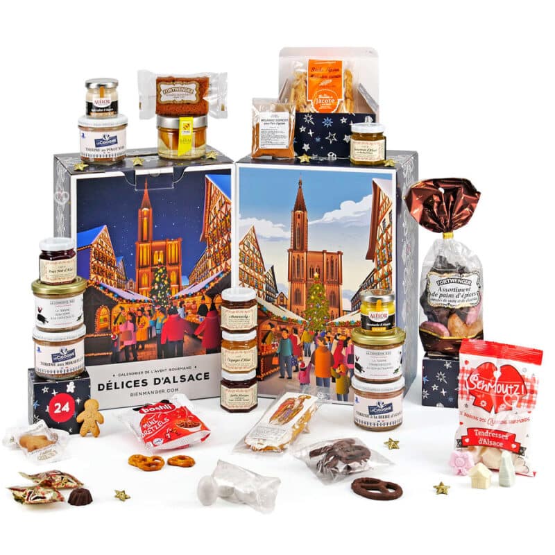 calendrier de 'lavent gourmand délices d'alsace 2024 content des spécialités sucrées et salées alsaciennes