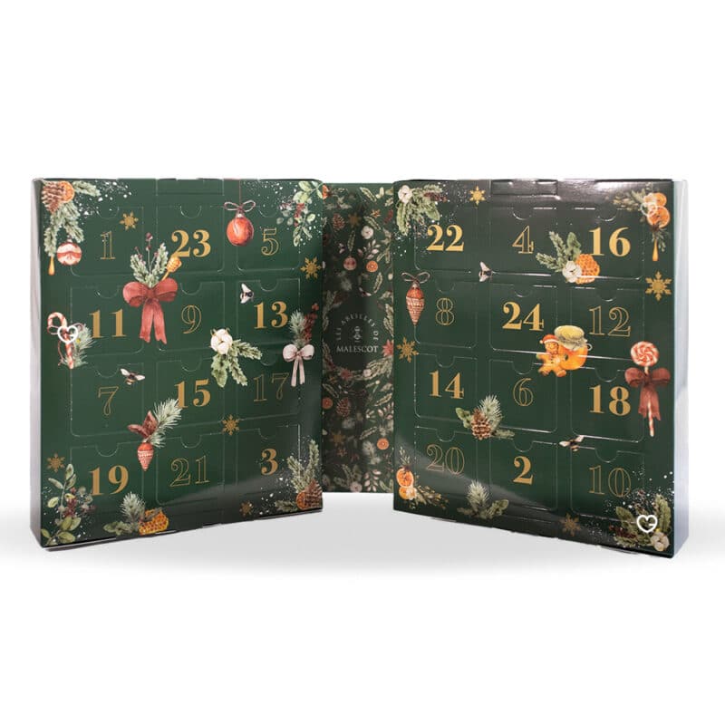 calendrier de l'avent miel Les Abeilles de Malescot contenant 24 miels et gourmandises (nougat, bonbon , miels)