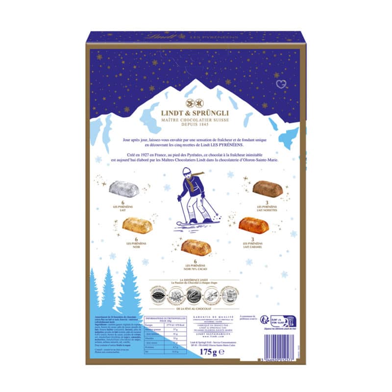 Calendrier de l'avent Les Pyréréens 2024 contenant 24 chocolats Recette Lindt au lait, noir, caramel..