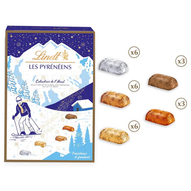 Calendrier de l'avent Les Pyréréens 2024 contenant 24 chocolats Recette Lindt au lait, noir, caramel..