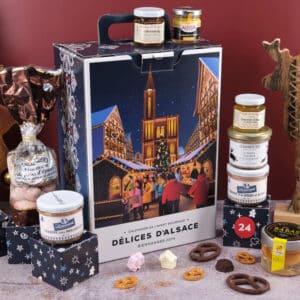 calendrier de 'lavent gourmand délices d'alsace 2024 content des spécialités sucrées et salées alsaciennes