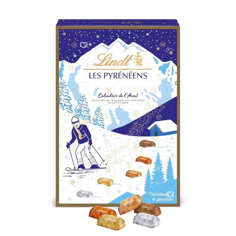 Calendrier de l'avent Les Pyréréens 2024 contenant 24 chocolats Recette Lindt au lait, noir, caramel..