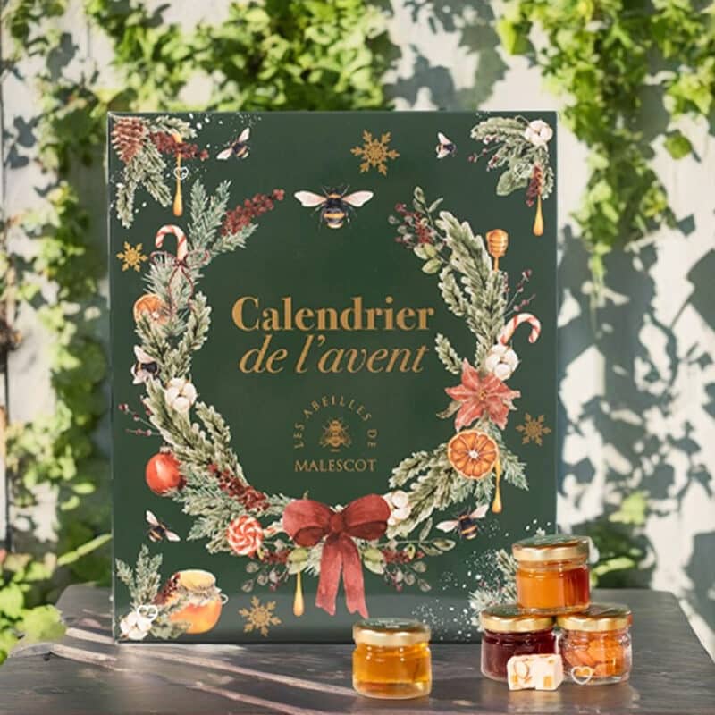 calendrier de l'avent miel Les Abeilles de Malescot contenant 24 miels et gourmandises (nougat, bonbon , miels)