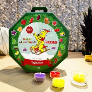 calendrier de l'avent bougie haribo 2024 contenant 24 bougies parfumées aux parfums gourmands