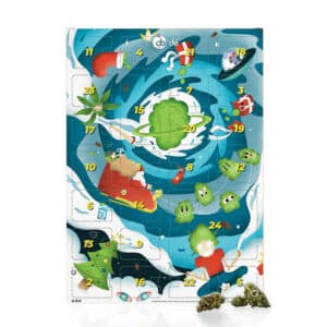 calendrier de l'avent CBD 2024 contenant des fleurs et accessoires cb'dé