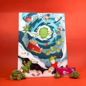 calendrier de l'avent CBD 2024 contenant des fleurs et accessoires cb'dé