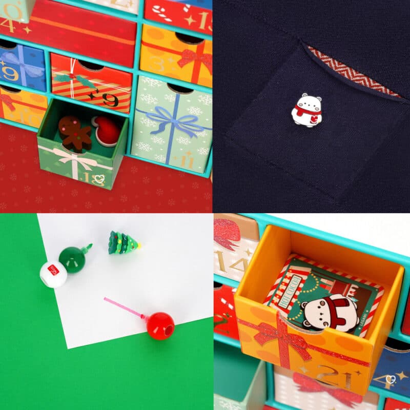 calendrier de l'avent Legami 2024 contenant des accessoires papeterie; stylos; porte-clefs pour enfants